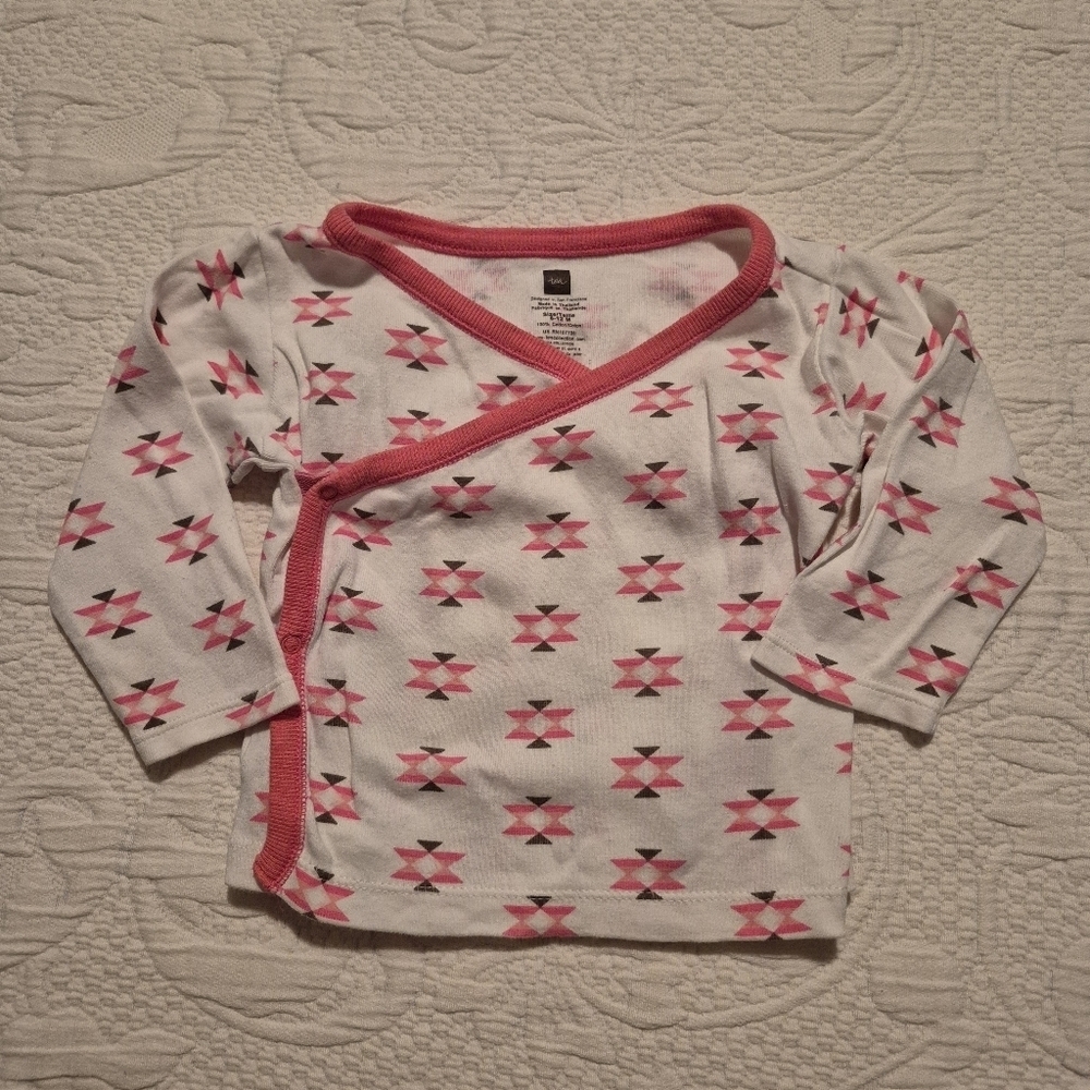 Tea Collection girls 6-12 months kimono top white with pink & gray print GUC